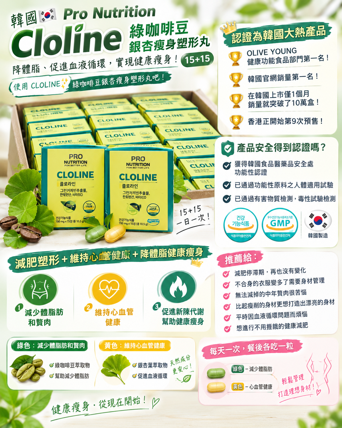 現貨 | 韓國🇰🇷Pro Nutrition Cloline 綠咖啡豆 銀杏瘦身塑形丸 15+15 娉婷貿易公司 Exquisite Beauty Trading Company
