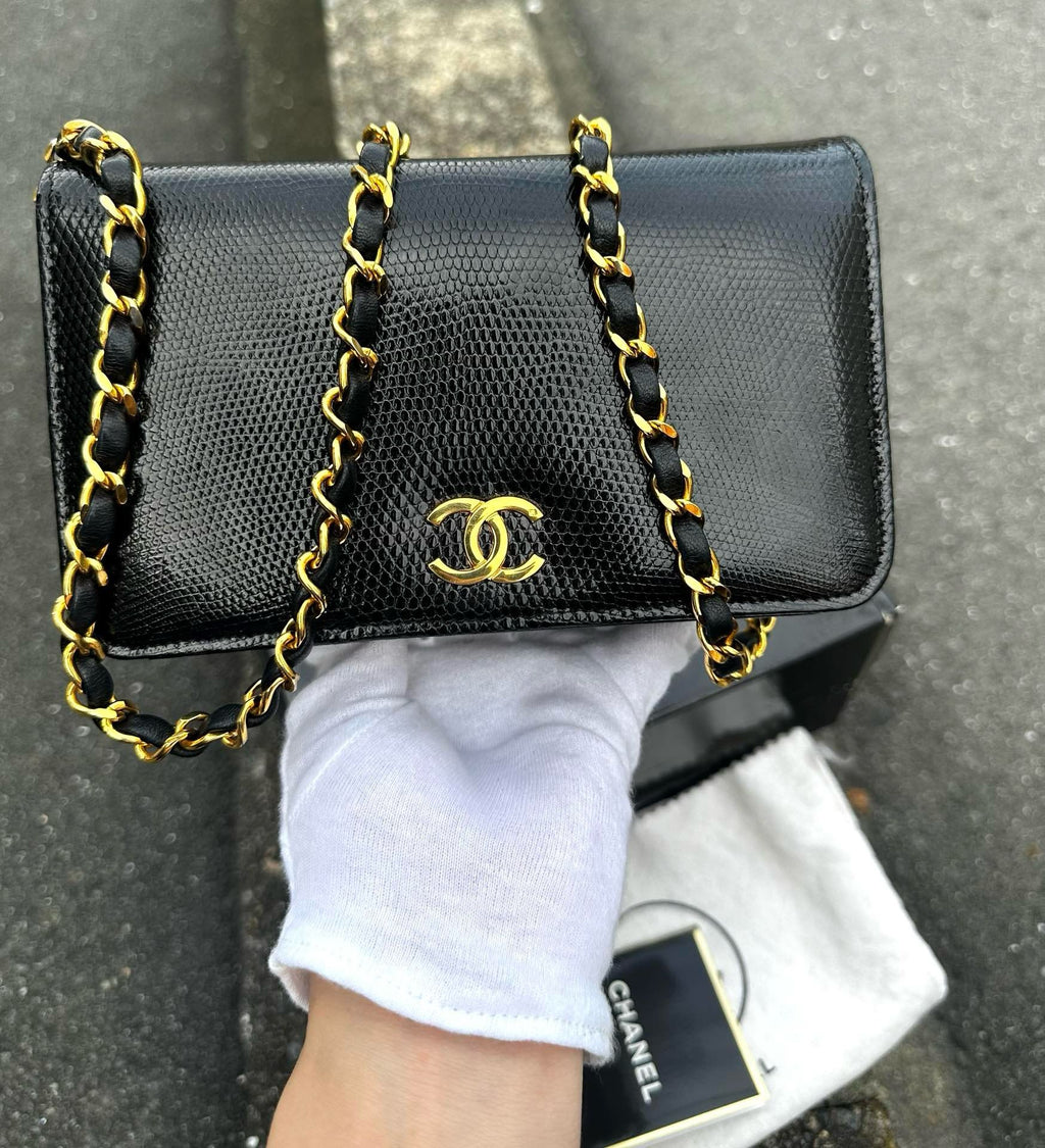 🌸日本中古品代購 CHANEL特殊蜥蜴皮🦎黑金鍊條包 | 預訂約2-3星期