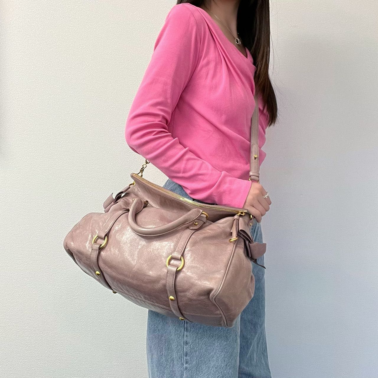 🌸日本中古品代購 Miu Miu 藕粉油蠟皮蝴蝶結2way | 預訂約2-3星期