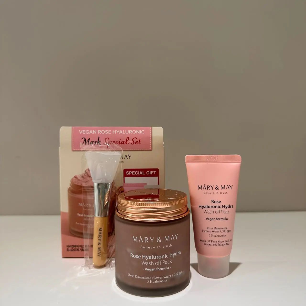 現貨🌸Mary & may 純素玫瑰透明質酸保濕水洗面膜 特別套裝 - 125g+30g (加送掃） | 落單後約3-5個工作天寄出