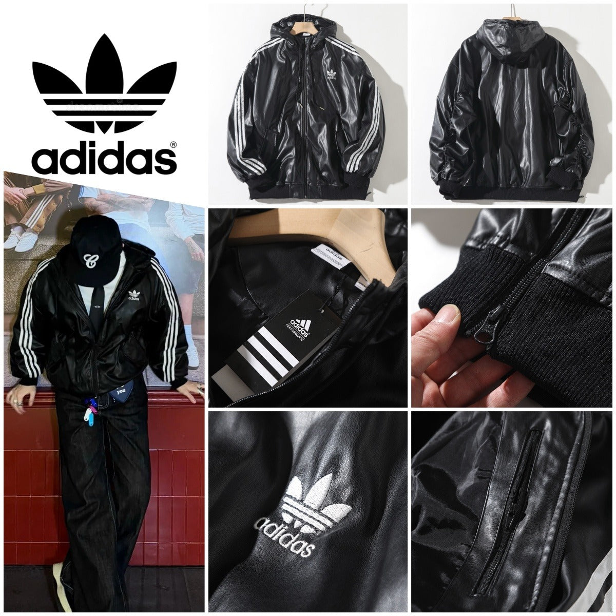 11月10日截🌸Adidas 復古刺繡logo連帽拉鍊皮衣外套 | 預訂約12月中至尾