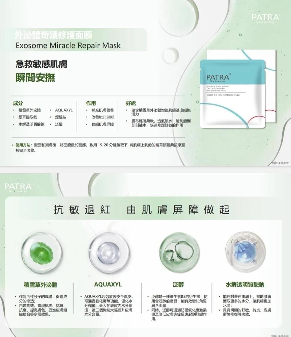 售完即止🌸美容展優惠 PATRA® 外泌體奇蹟修護面膜 Exosome Miracle Repair Mask 30ml (10片/盒) | 預訂約11月尾至12月初
