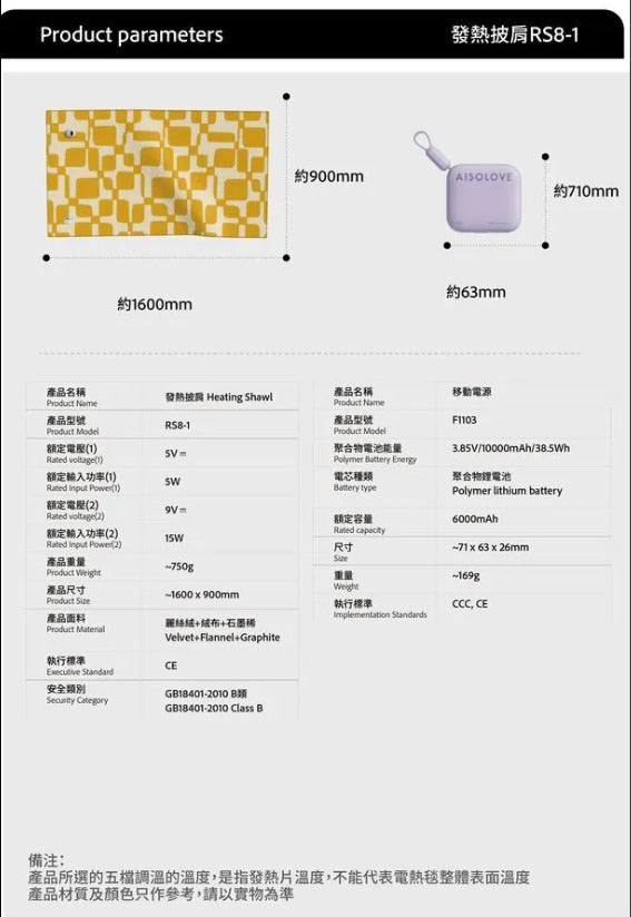 隨時截單🌸AISOLOVE RS8-1 多用途發熱披肩 (附送獨立CCC+CE認證行動電源) | 預訂約12月中