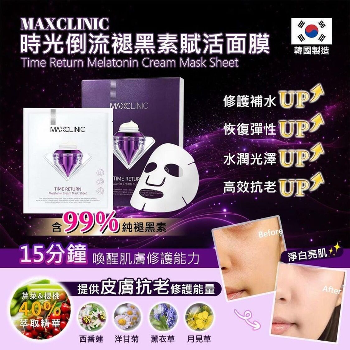 【24小時網站自助下單】2026年2月8日截🌸韓國🇰🇷Maxclinic 時光倒流褪黑素賦活面膜 (4片裝) | 預訂 2月10日到