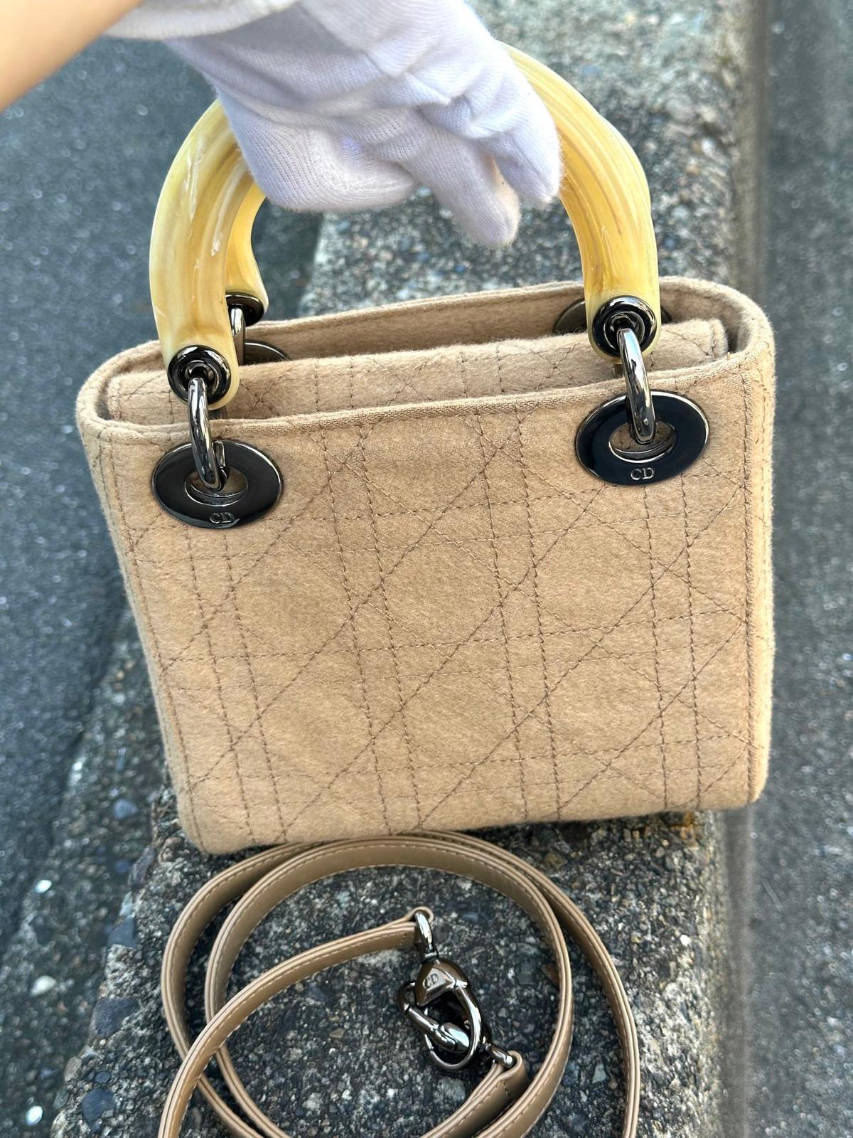 【24小時網站自助下單】🌸日本中古品代購 DIOR奶茶色羊絨*米色柄三格銀扣小戴妃 | 預訂約2-3星期