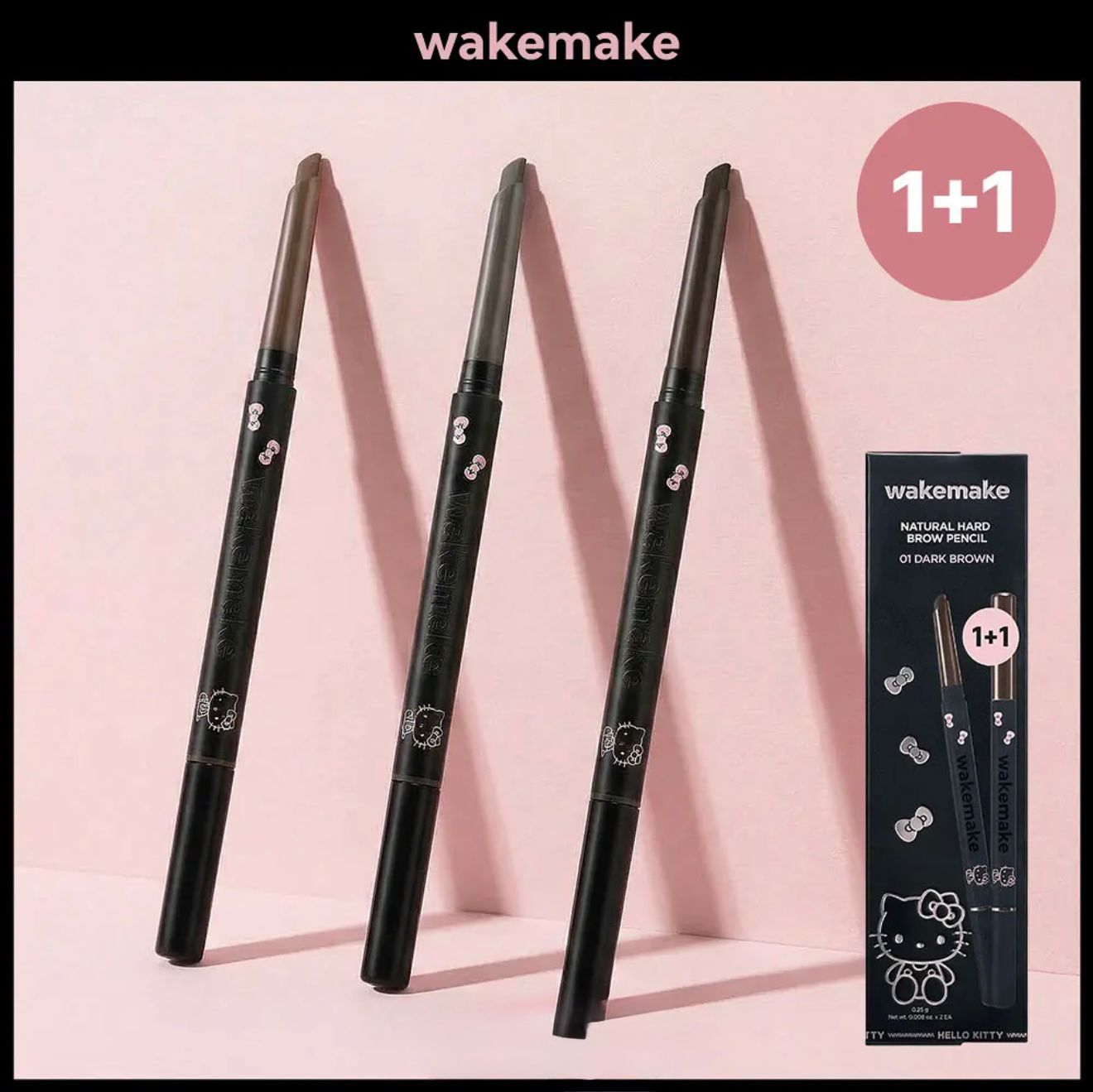 【24小時網站自助下單】售完即止❤️# 10000% 收藏級 💕太妍愛用款超靚呀😍🇰🇷韓國最新出🆕🇰🇷WAKEMAKE x Hello Kitty 黑色特別版NATURAL HARD BROW PENCIL 自然斜角筆頭雙頭眉筆🎁限定1+1 優惠 | 預訂約3-4星期