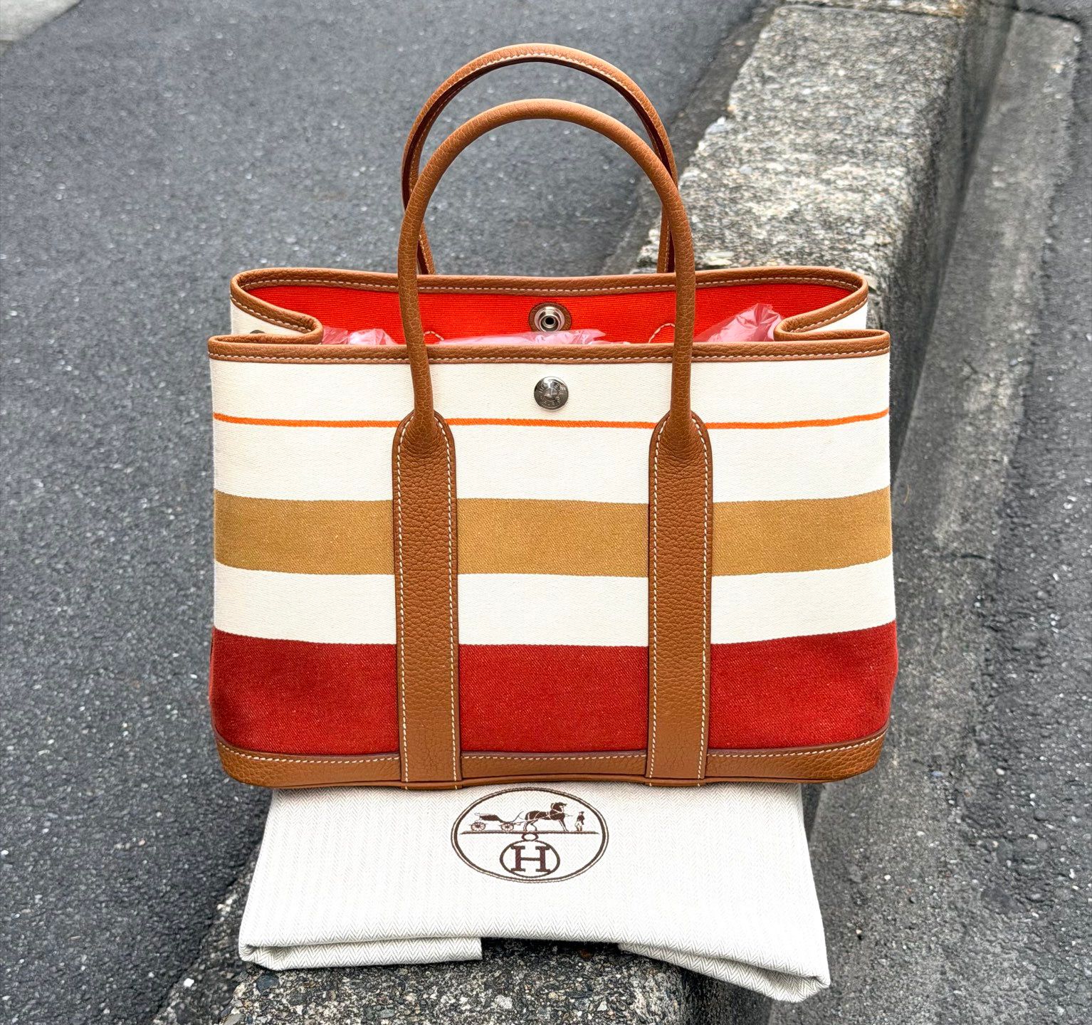 【24小時網站自助下單】🌸日本中古品代購 愛馬仕限定彩條拼色GARDEN PARTY花園包TPM | 預訂約2-3星期