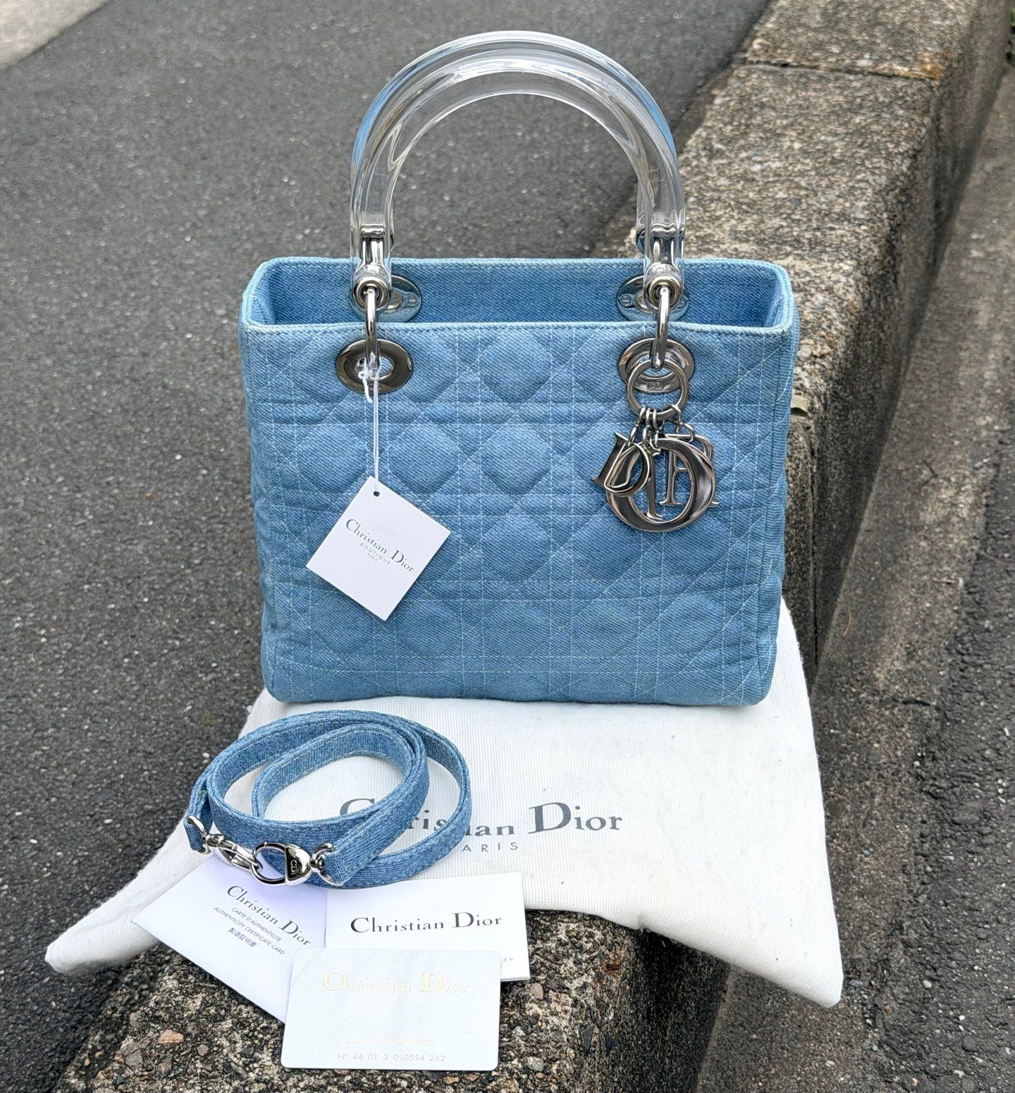 【24小時網站自助下單】🌸日本中古品代購 DIOR絕版丹寧牛仔*透明水晶柄五格戴妃包 | 預訂約2-3星期
