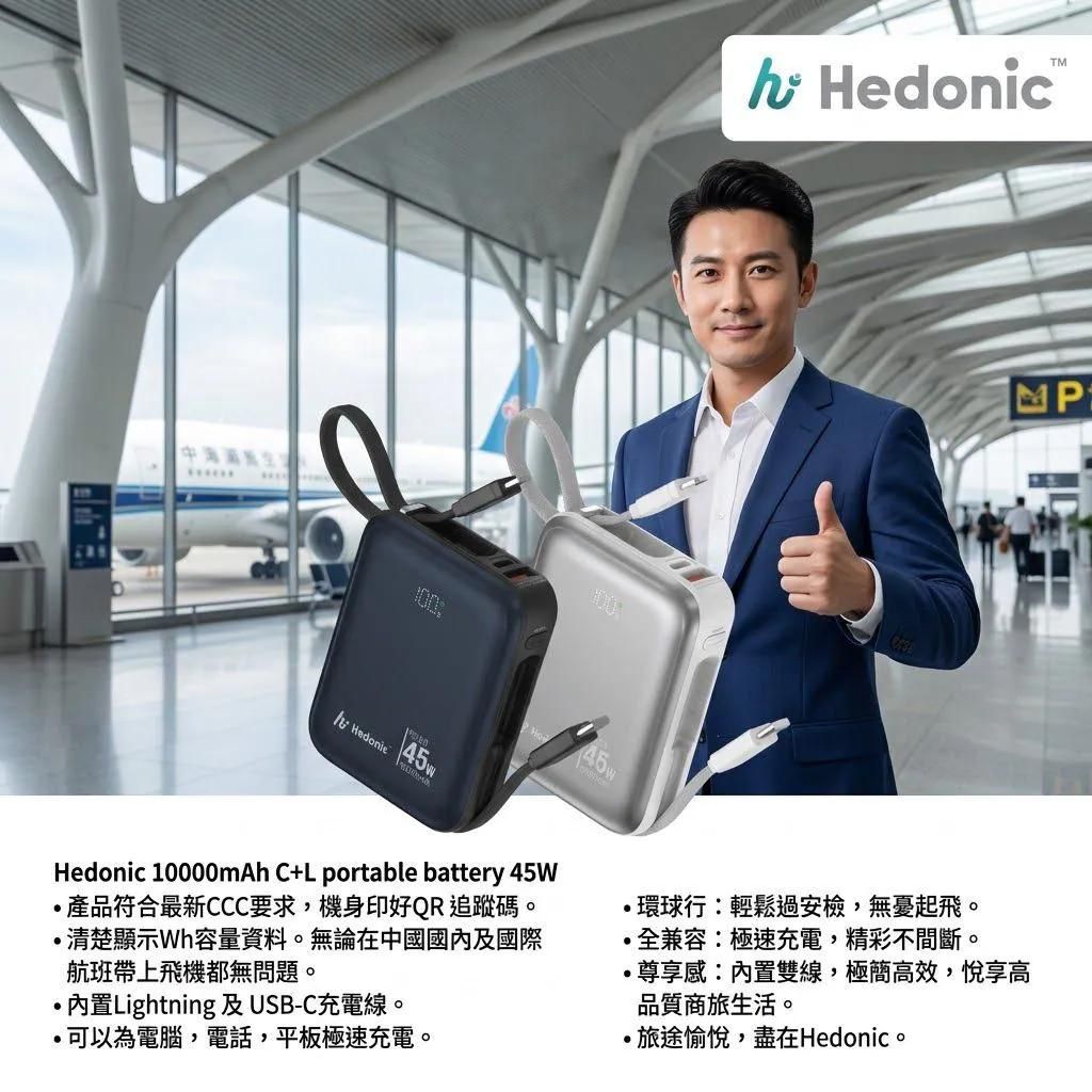 【24小時網站自助下單】🌸🌟級品牌Hedonic PD 3.0 45W快充 10000mah流動充電池 (附嵌入式充電線) | 預訂約3-4星期
