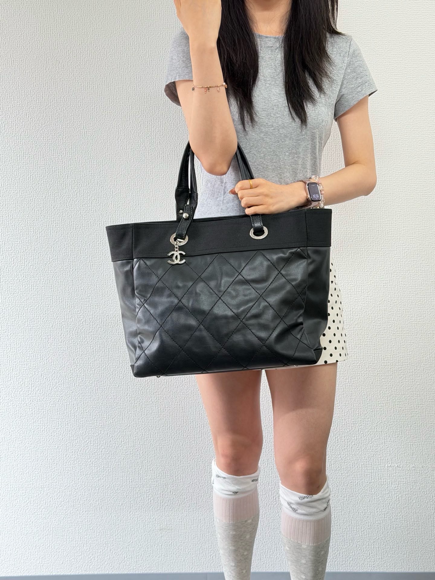 【24小時網站自助下單】🌸日本中古品代購 Chanel paris biarritz黑銀菱格子母托特包➕標 16開 | 預訂約2-3星期