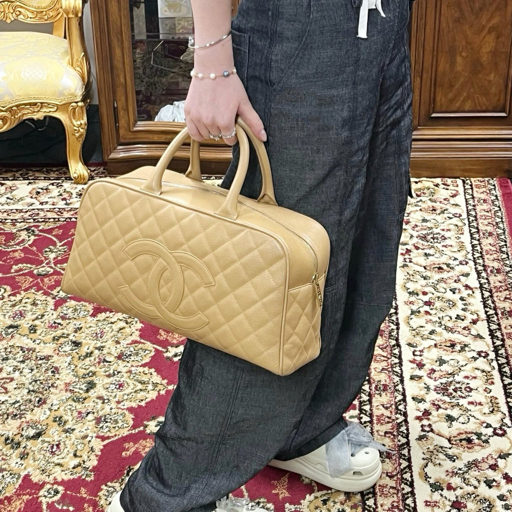 【24小時網站自助下單】🌸日本中古品代購 CHANEL 香奈兒奶茶色保齡球手提包大號 卡標齊10開 | 預訂約2-3星期
