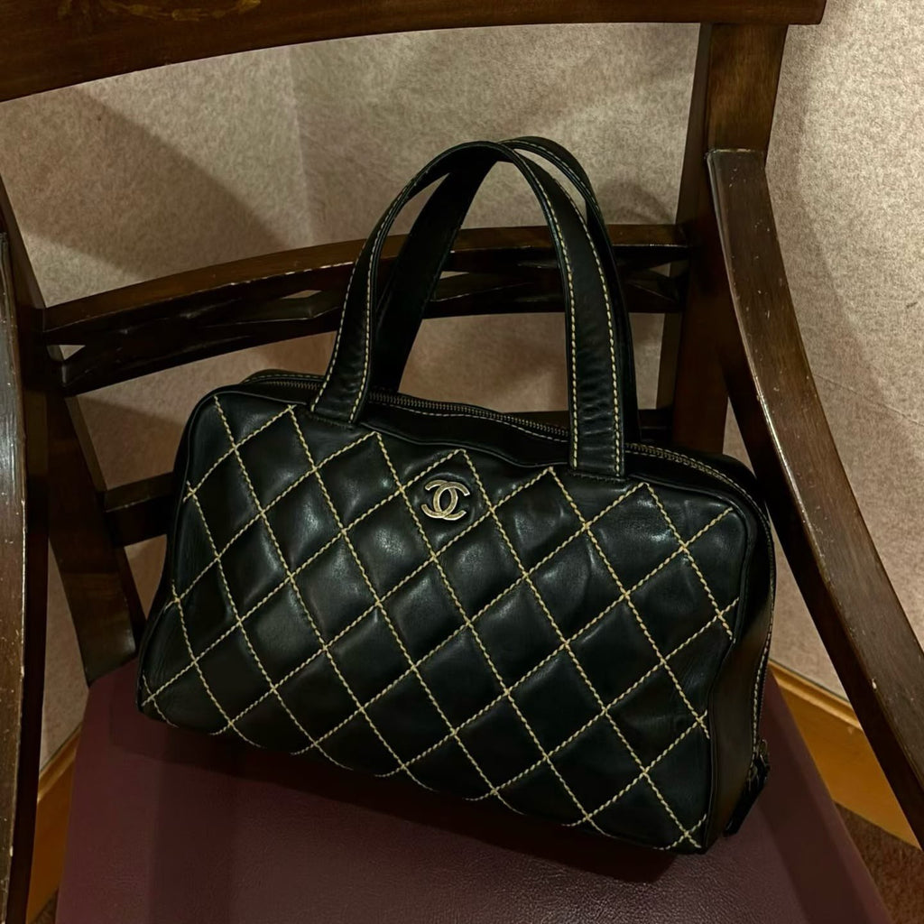 【24小時網站自助下單】🌸日本中古品代購 CHANEL 香奈兒黑色牛皮外縫線波士頓手提包大號托特包 做舊五金 有標無卡6開 | 預訂約2-3星期