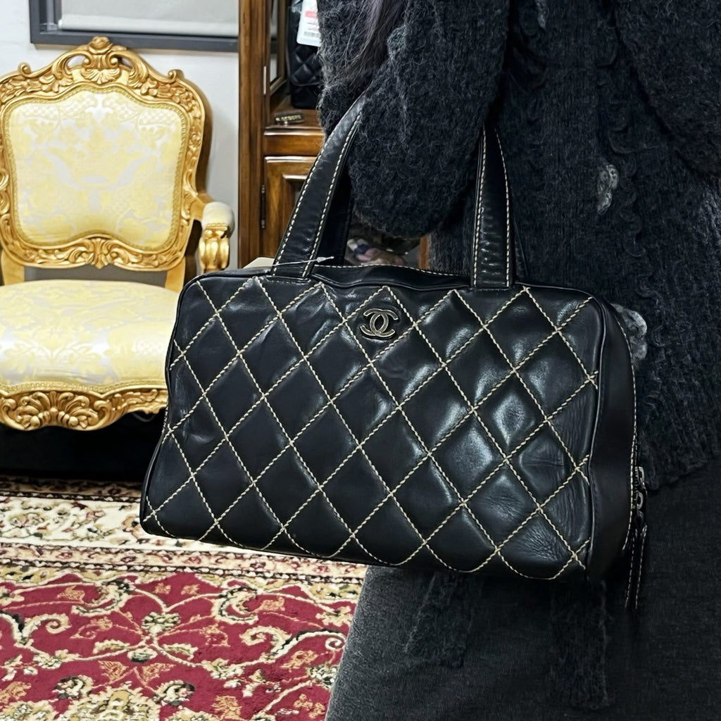 【24小時網站自助下單】🌸日本中古品代購 CHANEL 香奈兒黑色牛皮外縫線波士頓手提包大號托特包 做舊五金 有標無卡6開 | 預訂約2-3星期