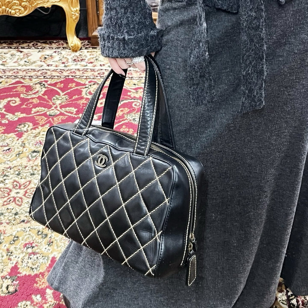 【24小時網站自助下單】🌸日本中古品代購 CHANEL 香奈兒黑色牛皮外縫線波士頓手提包大號托特包 做舊五金 有標無卡6開 | 預訂約2-3星期