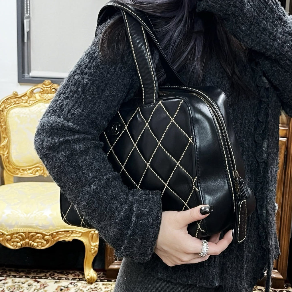 【24小時網站自助下單】🌸日本中古品代購 CHANEL 香奈兒黑色牛皮外縫線波士頓手提包大號托特包 做舊五金 有標無卡6開 | 預訂約2-3星期
