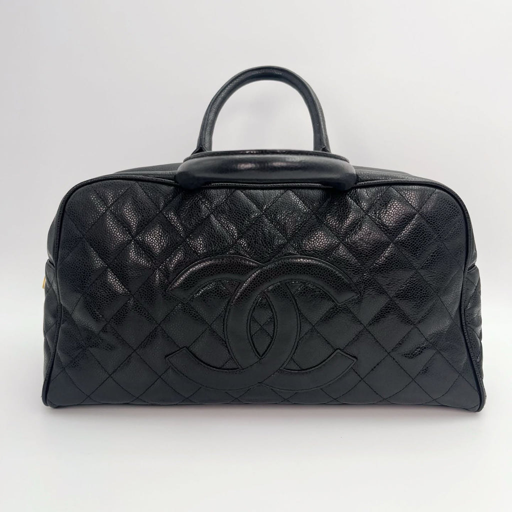 【24小時網站自助下單】🌸日本中古品代購 CHANEL 香奈兒黑金牛皮大logo手提保齡球大號 有標無卡8開 | 預訂約2-3星期