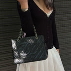 【24小時網站自助下單】🌸日本中古品代購 CHANEL 香奈兒黑銀羊皮外縫線菱格紋手提腋下托特包 | 預訂約2-3星期