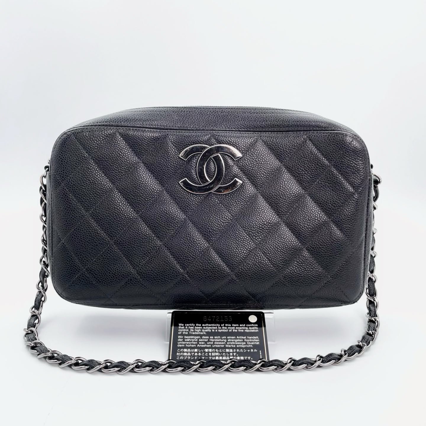 【24小時網站自助下單】🌸日本中古品代購 CHANEL 香奈兒黑銀魚子醬牛皮大logo拉鍊單肩包 卡標齊6開 | 預訂約2-3星期