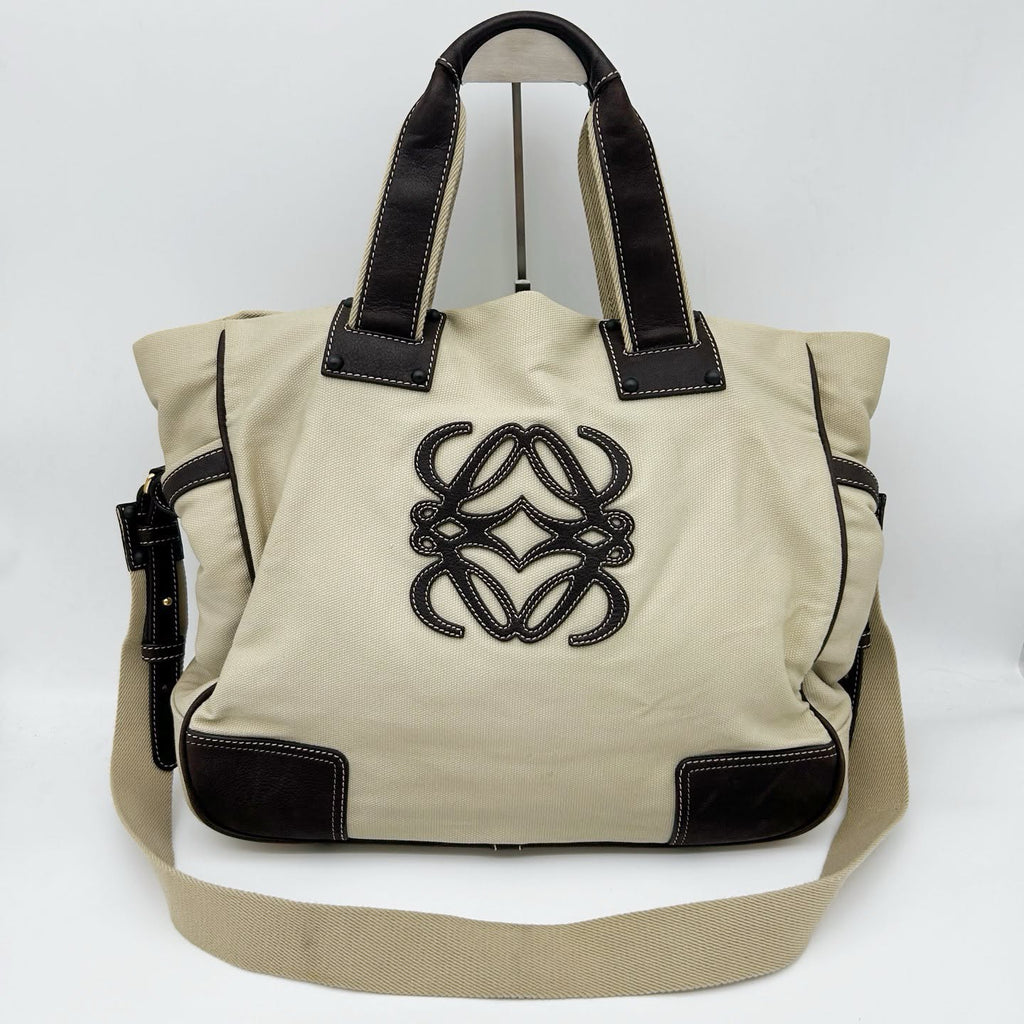 【24小時網站自助下單】🌸日本中古品代購 loewe米棕色帆布拼皮大logo 2way托特包 | 預訂約2-3星期