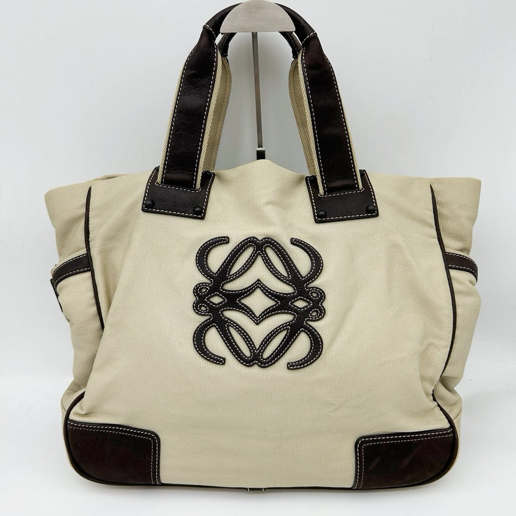 【24小時網站自助下單】🌸日本中古品代購 loewe米棕色帆布拼皮大logo 2way托特包 | 預訂約2-3星期