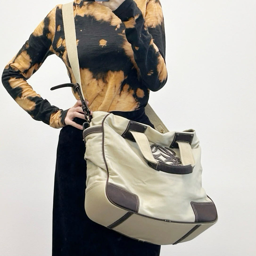 【24小時網站自助下單】🌸日本中古品代購 loewe米棕色帆布拼皮大logo 2way托特包 | 預訂約2-3星期
