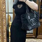 【24小時網站自助下單】🌸日本中古品代購 CHANEL 香奈兒黑色雙C大logo菱格紋尼龍拼皮托特包 有標無卡10開 | 預訂約2-3星期