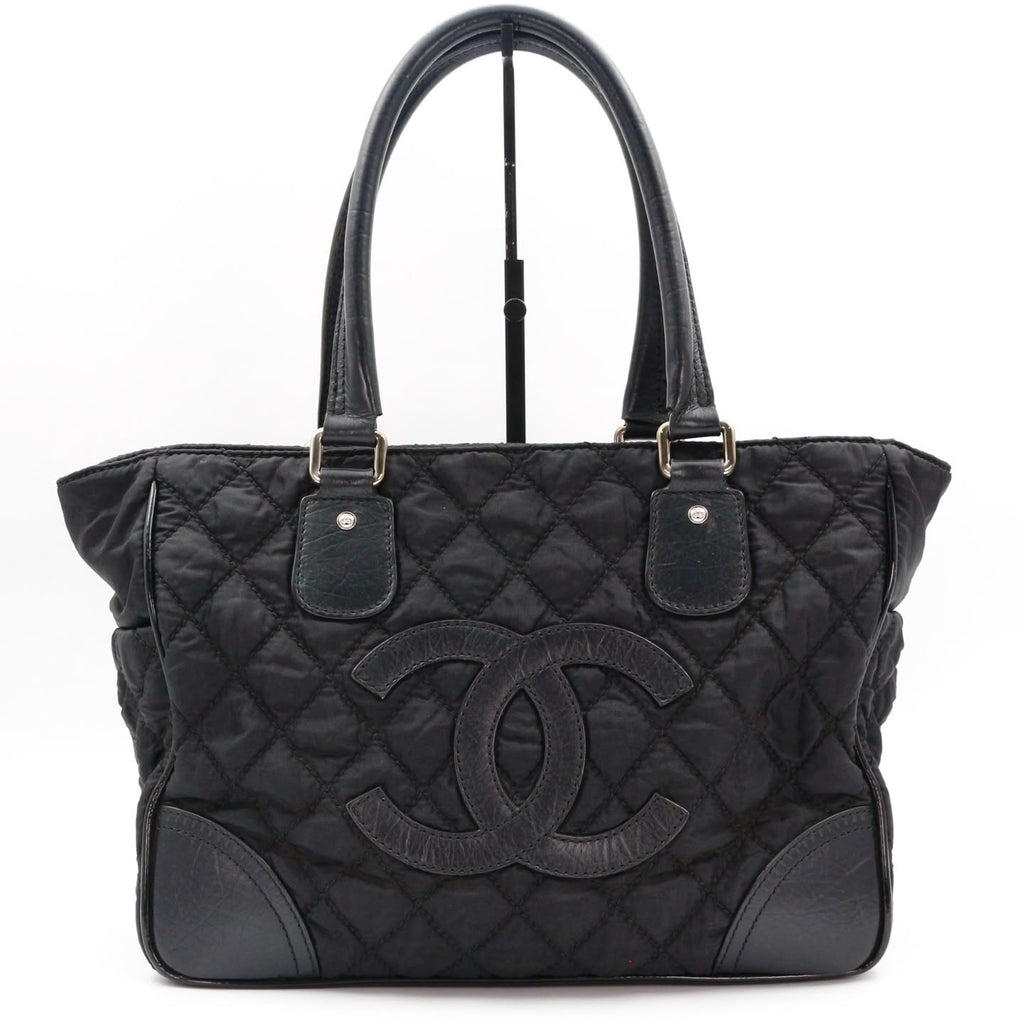 【24小時網站自助下單】🌸日本中古品代購 CHANEL 香奈兒黑色雙C大logo菱格紋尼龍拼皮托特包 有標無卡10開 | 預訂約2-3星期