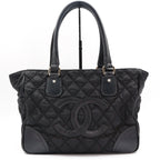 【24小時網站自助下單】🌸日本中古品代購 CHANEL 香奈兒黑色雙C大logo菱格紋尼龍拼皮托特包 有標無卡10開 | 預訂約2-3星期