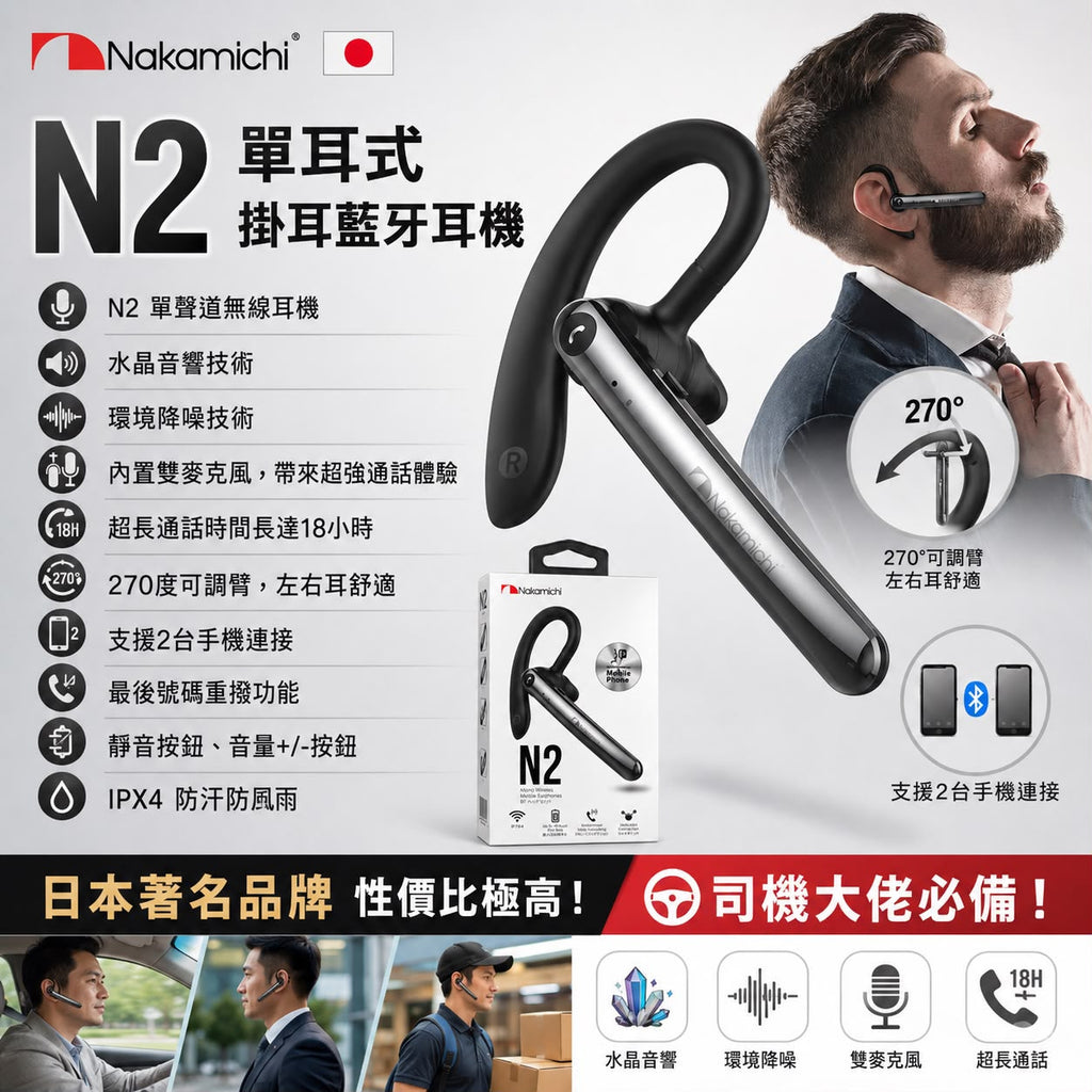 【24小時網站自助下單】2026年7月30日截🌸Nakamichi 日本大Brand 極高勝價比🔥日本🇯🇵Nakamichi N2 單耳式掛耳藍牙耳機 | 預訂約3-4星期