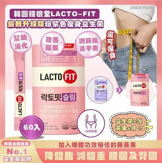 【24小時網站自助下單】2026年8月19日截🌸新版鐘根堂 LACTO-FIT 升級版瘦身益生菌2gx60條 (粉紫色) | 預訂8月19日(下週返貨) 娉婷貿易公司 Exquisite Beauty Trading Company
