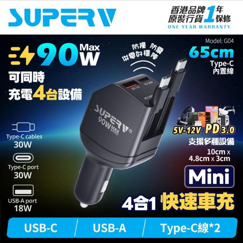 【24小時網站自助下單】2026年8月23日截🌸🟡Super V G04 90W 4in1快速伸數顯車充🟡 | 預訂約9月初至中 娉婷貿易公司 Exquisite Beauty Trading Company