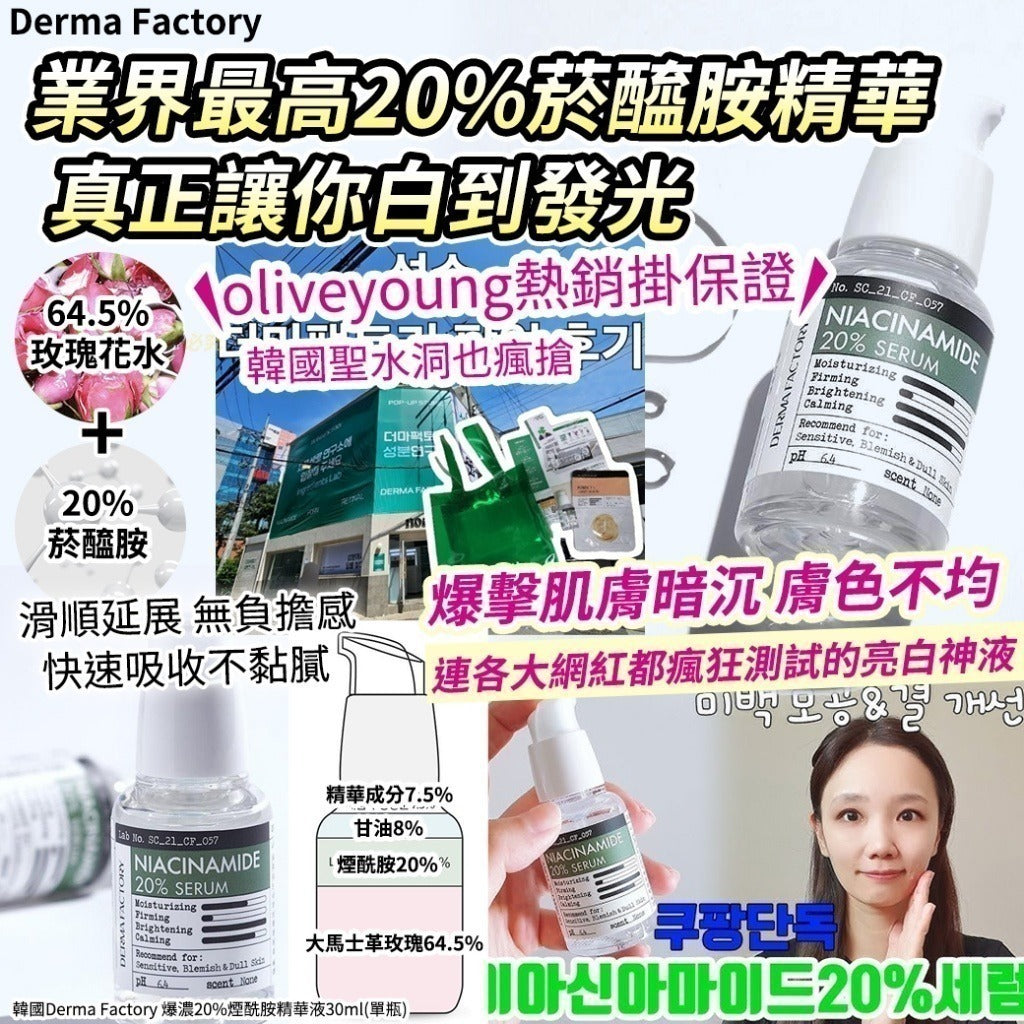 【24小時網站自助下單】2026年9月11日截🌸韓國Derma Factory 爆濃20%煙酰胺精華液30ml | 預訂約10月尾至11月初 娉婷貿易公司 Exquisite Beauty Trading Company
