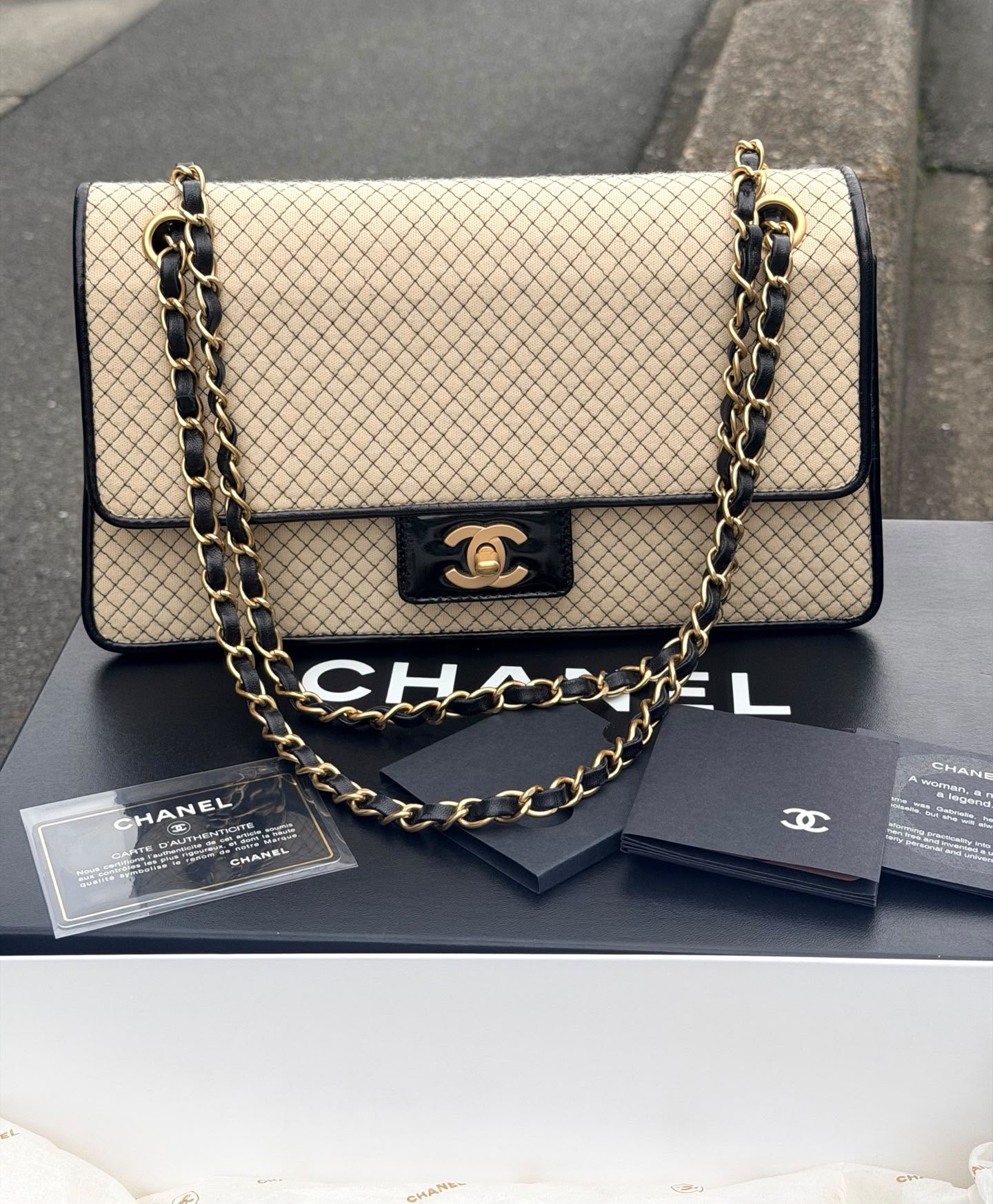 【24小時網站自助下單】【日本中古品代購】🌸CHANEL帆船航海系列米金x黑格紋CF海軍包 | 預訂約2-3星期 娉婷貿易公司 Exquisite Beauty Trading Company