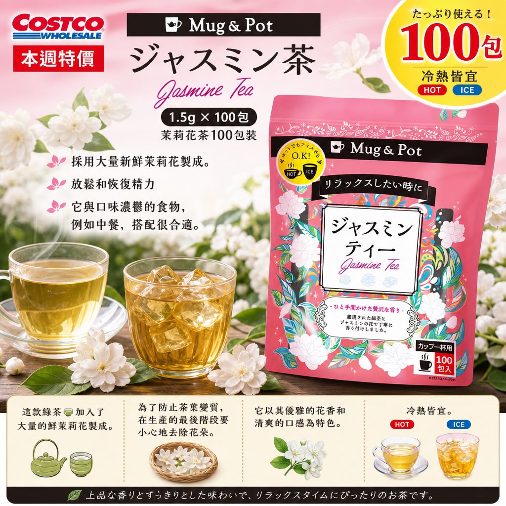 【24小時網站自助下單】2026年9月12日18:00截🌸日本Costco 本週特價 Mug &amp; Pot ジャスミン茶 1.5g X 100包 茉莉花茶100包裝 | 預訂約10月初至中 娉婷貿易公司 Exquisite Beauty Trading Company