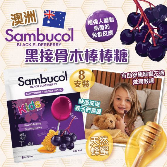 【24小時網站自助下單】 供應商現貨🌸澳洲Sambucol黑接骨木棒棒糖 (8支裝) | 預訂 逢星期一，三返倉執貨 其後約3-5個工作天寄出 娉婷貿易公司 Exquisite Beauty Trading Company