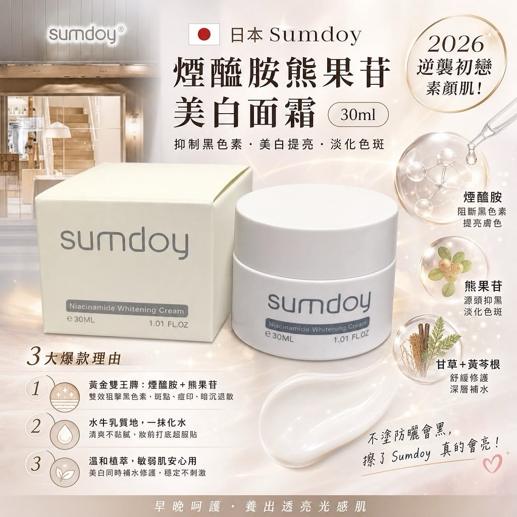 預訂 | 🟡日本 Sumdoy 煙醯胺熊果苷美白面霜 30ml🟡 娉婷貿易公司 Exquisite Beauty Trading Company