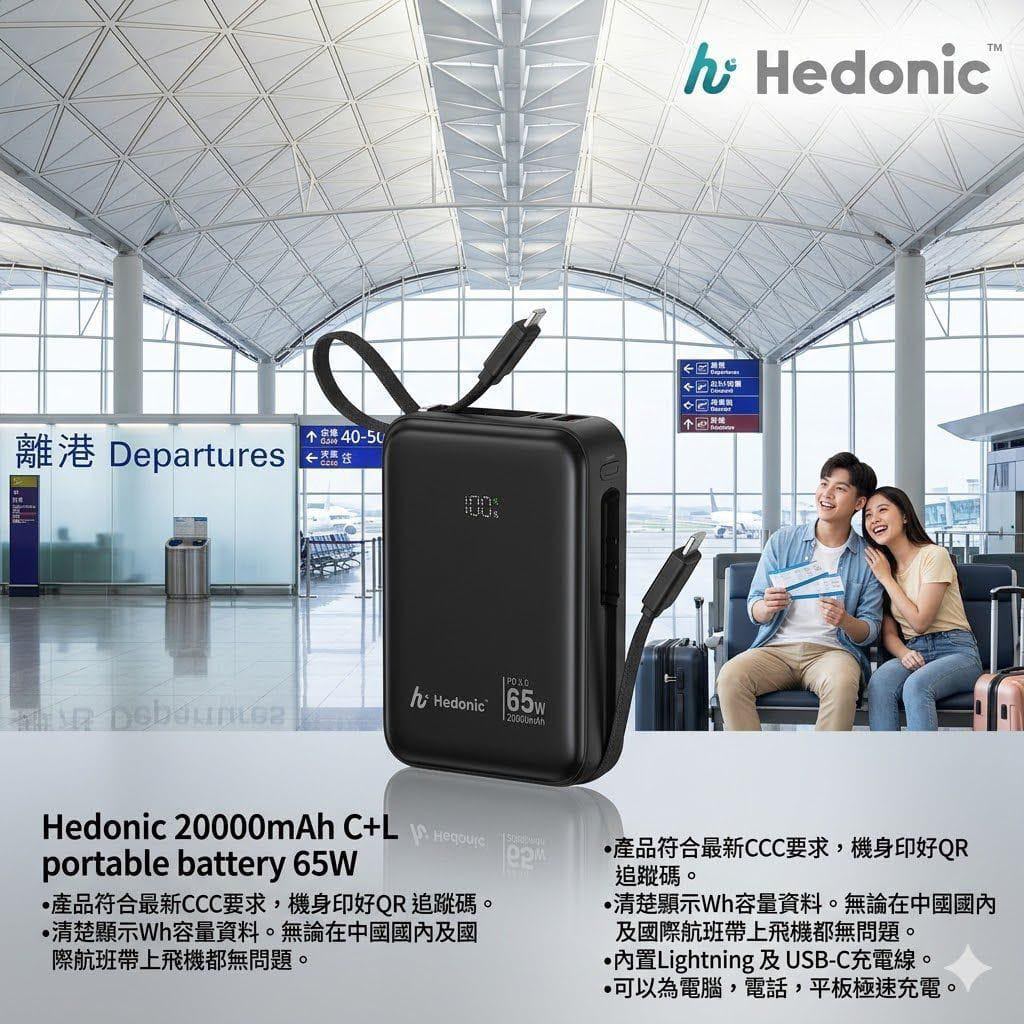 預訂 | *支援IPhone 18 用盡60w* *暫時只有呢款充電器是65W可以用盡新iphone 18 60W快叉* Hedonic PD 3.0 65W Lightning &amp; USB-C 20,000mAh CCC &amp; QR Code 娉婷貿易公司 Exquisite Beauty Trading Company