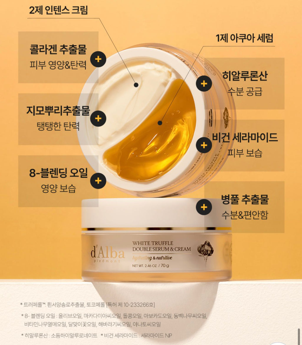 【24小時網站自助下單】2026年2月20日23:00截🌸韓國勁嘢空姐系列🇰🇷四季皆宜 d'Alba White Truffle Double Serum And Cream 白松露雙效精華霜 70g | 預訂約3-4星期