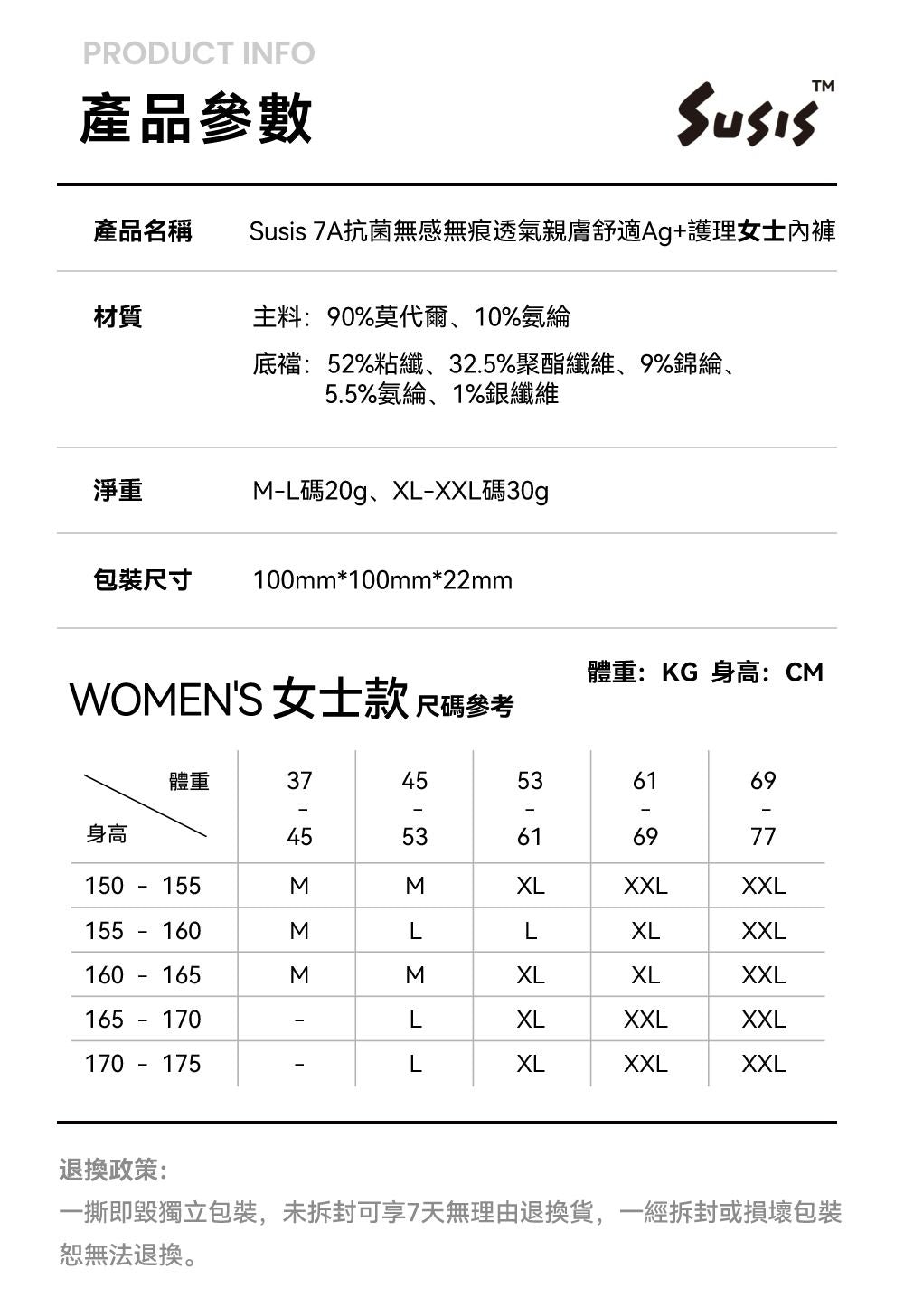 🌸Susis 7A抗菌無感無痕透氣親膚舒適Ag+護理女士/男士內褲 | 預訂約1-2星期

（自行備註顏色及尺寸）