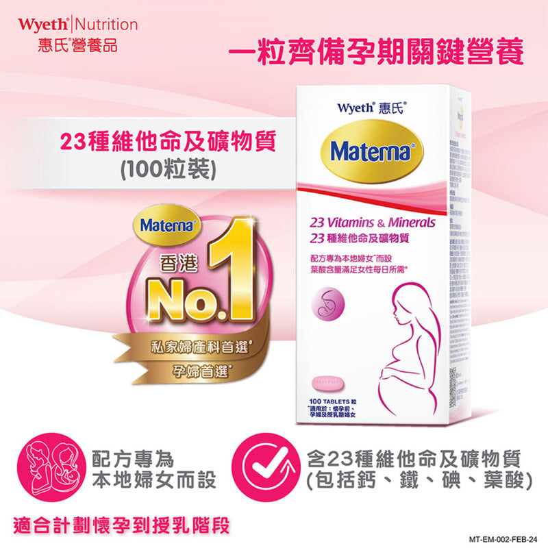 供應商現貨🌸行貨正品 Wyeth惠氏Materna 23種維他命及礦物質 100粒 | 預訂 逢星期一，三返倉執貨 其後約3-5個工作天寄出